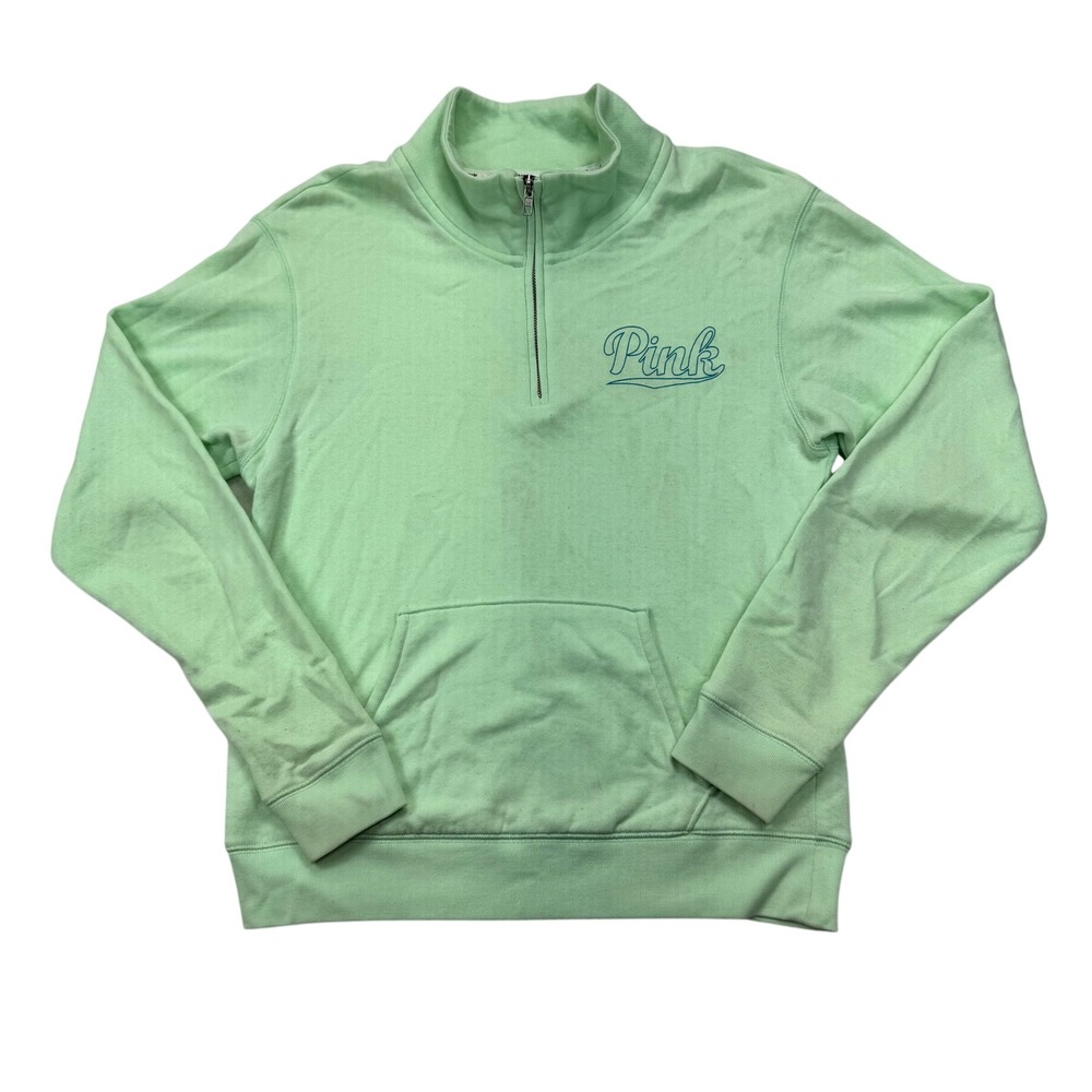 Pink Victoria's Secret Quarter Zip Sweatshirt Mint Green Logo Fleece Womens XS
